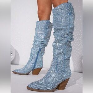 Rhinestone Decor Point Toe Chunky Heeled Slouchy Boots
